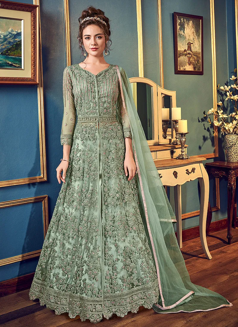 Mint Green Multi Embroidered Slit Style Anarkali Lehenga Suit