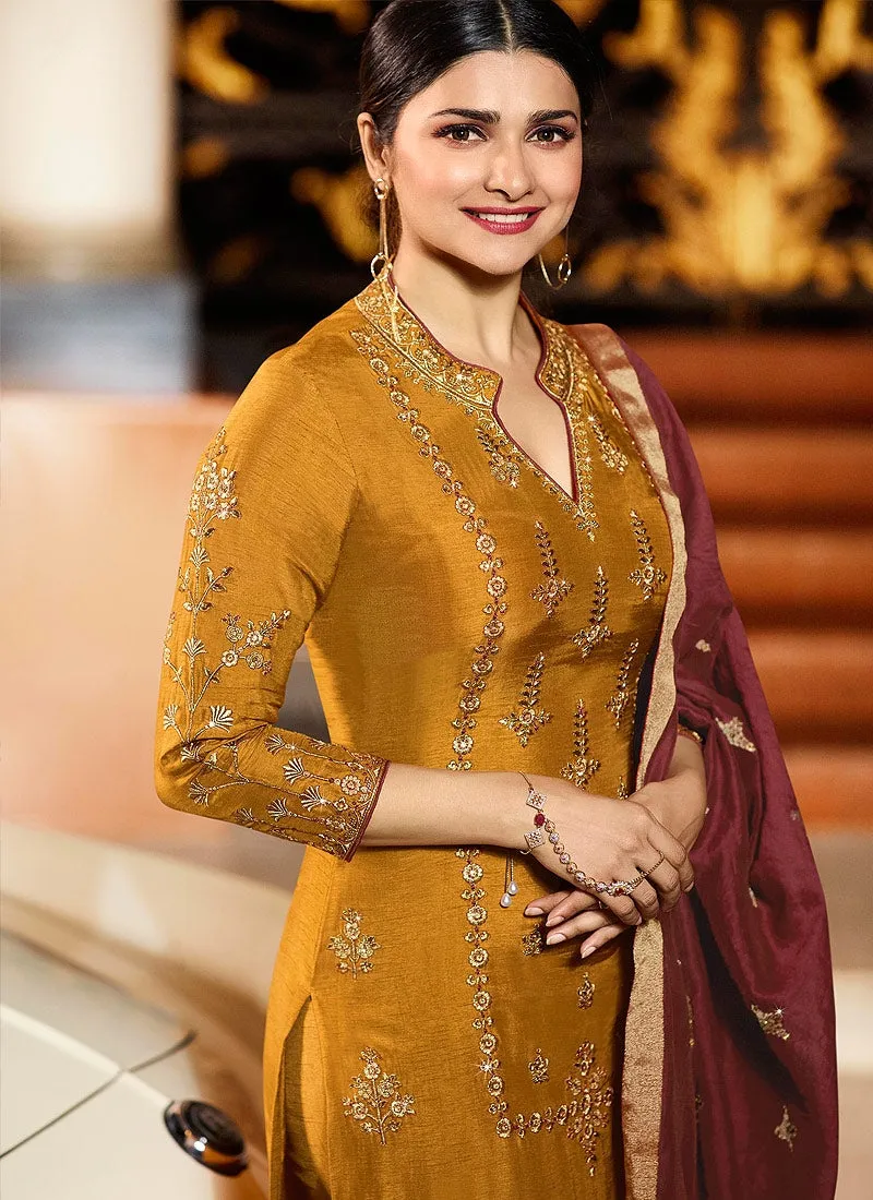 Mustard Yellow And Maroon Pakistani Pant Suit