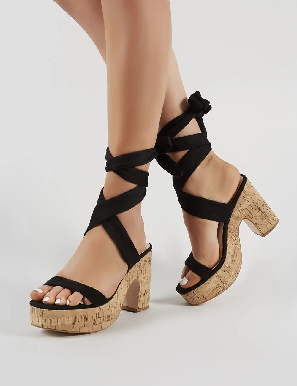 Naive Cork Platform Block Heels in Black Faux Suede