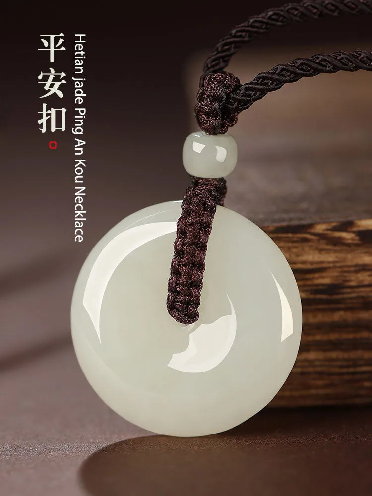 Natural Hetian Qingshui Jade Ping An Kou Jade Pendant Necklace Couple Gift