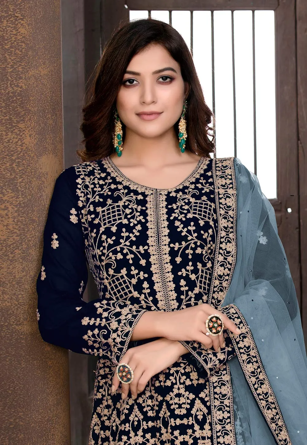 Navy Blue Ethnic Embroidered Wedding Anarkali Suit