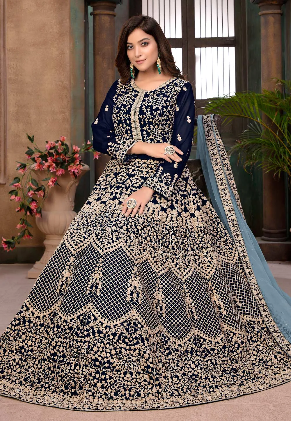 Navy Blue Ethnic Embroidered Wedding Anarkali Suit