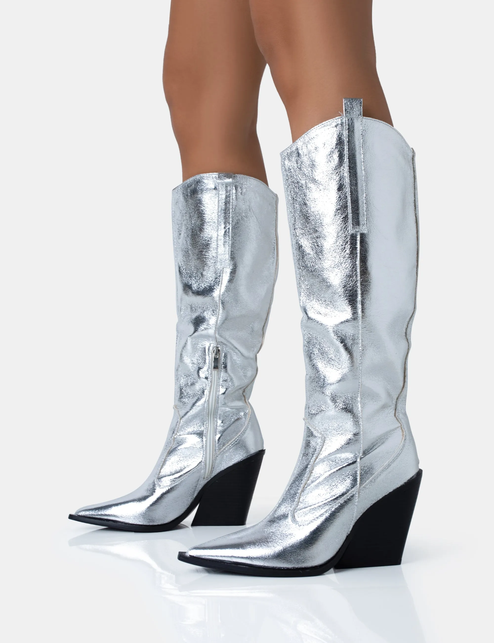 Nevada Silver Metallic Western Cowboy Block Heel Knee High Boots