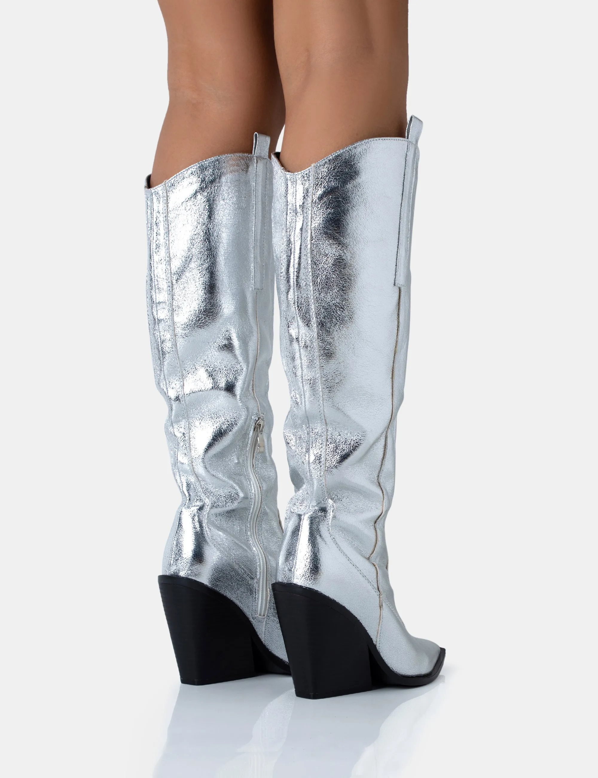 Nevada Silver Metallic Western Cowboy Block Heel Knee High Boots