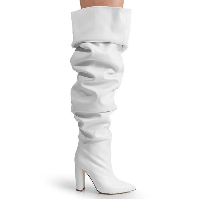 NORDIC-31 White Faux Leather Slouch Thigh High Boot - Pointy Toe