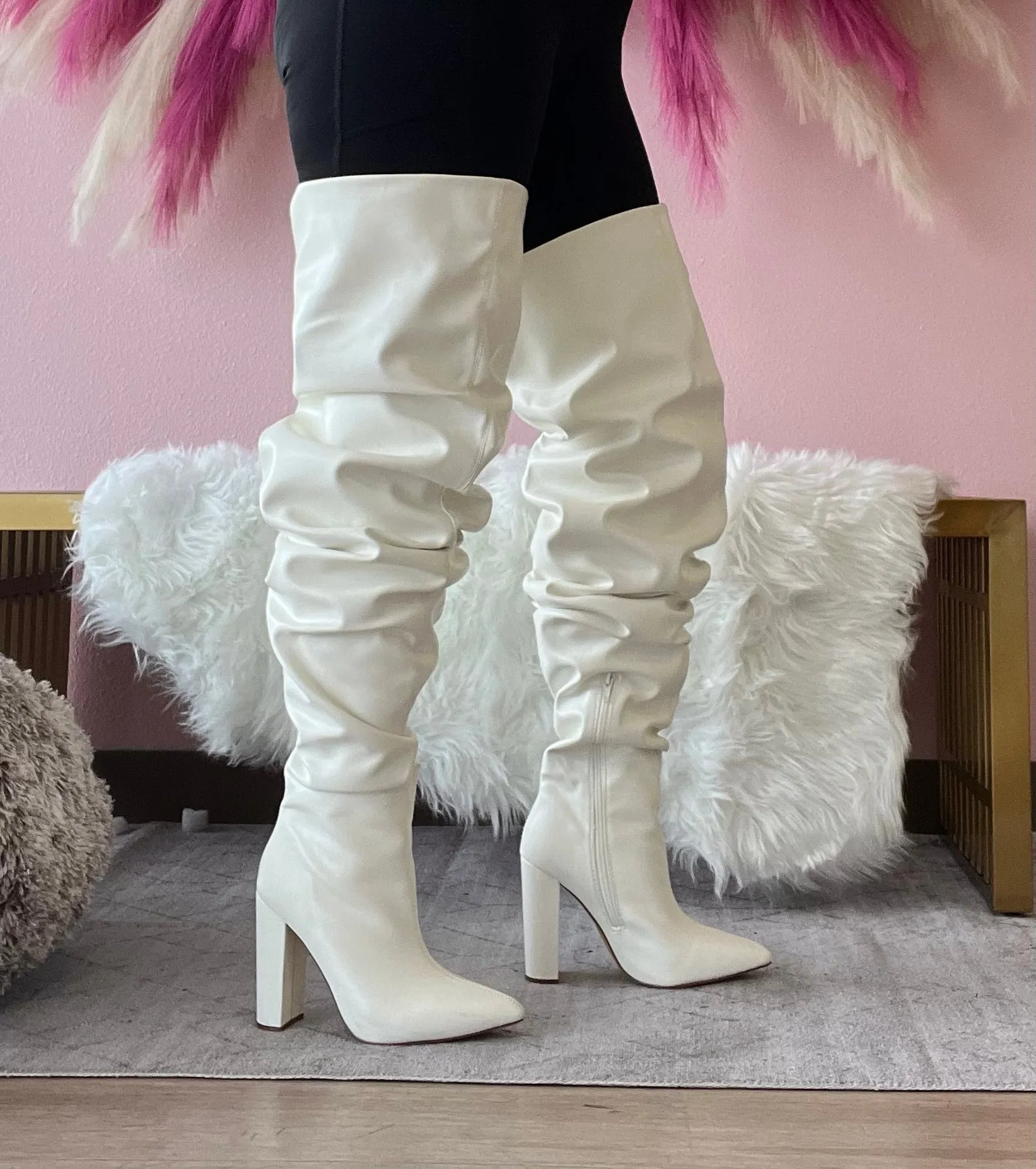 NORDIC-31 White Faux Leather Slouch Thigh High Boot - Pointy Toe