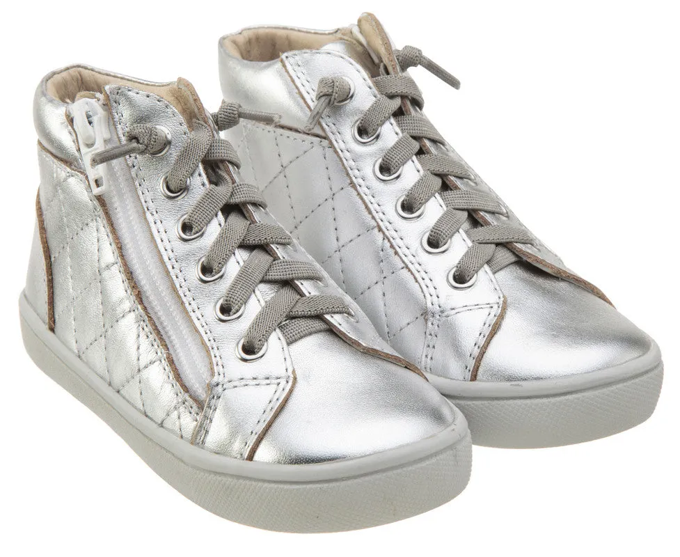 Old Soles Boy's and Girl's 6007 Eazy-Q Silver Quilt Stitch Leather High Top Lace Up Side Zipper Side Sneaker