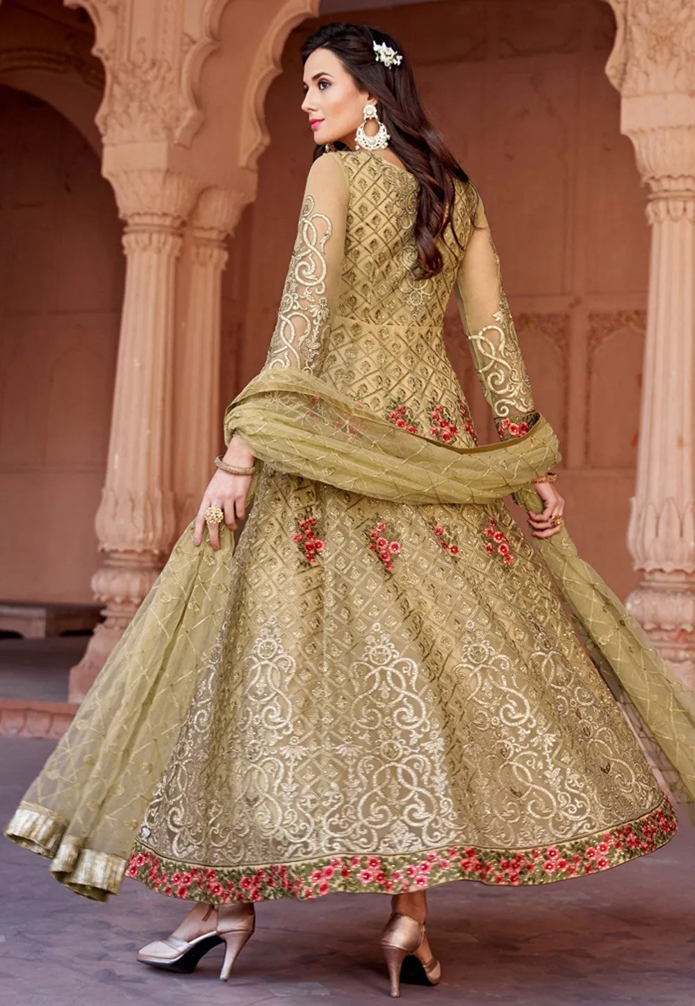 Olive Green Floral Embroidered Net Anarkali Suit