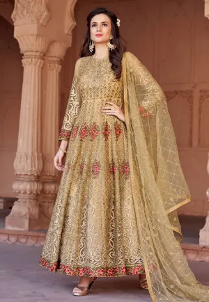 Olive Green Floral Embroidered Net Anarkali Suit