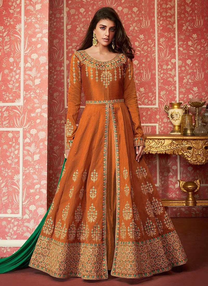 Orange And Green Anarkali Lehenga Suit