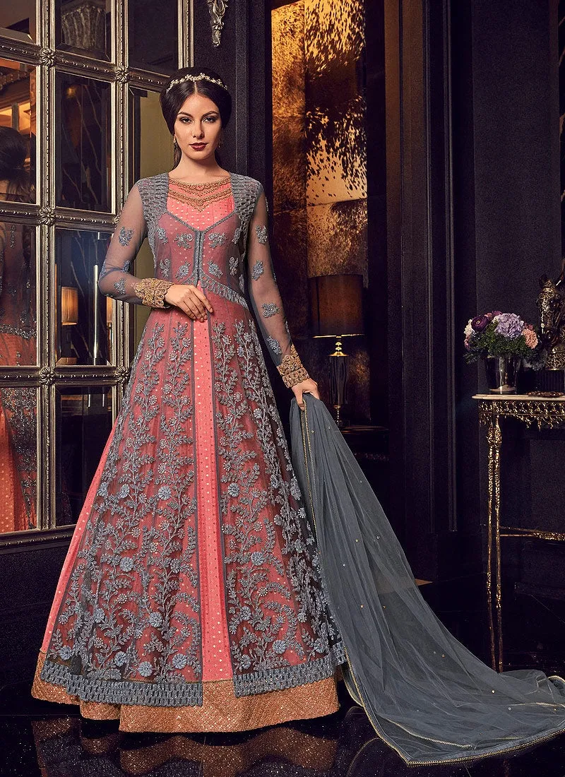 Peach And Grey Minimalist Embroidered Jacket Style Anarkali Suit