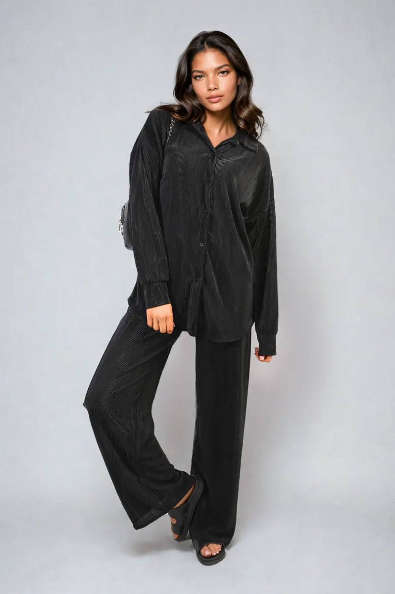 Plisse Button Front Oversized Shirt and Trouser Co-ord Set