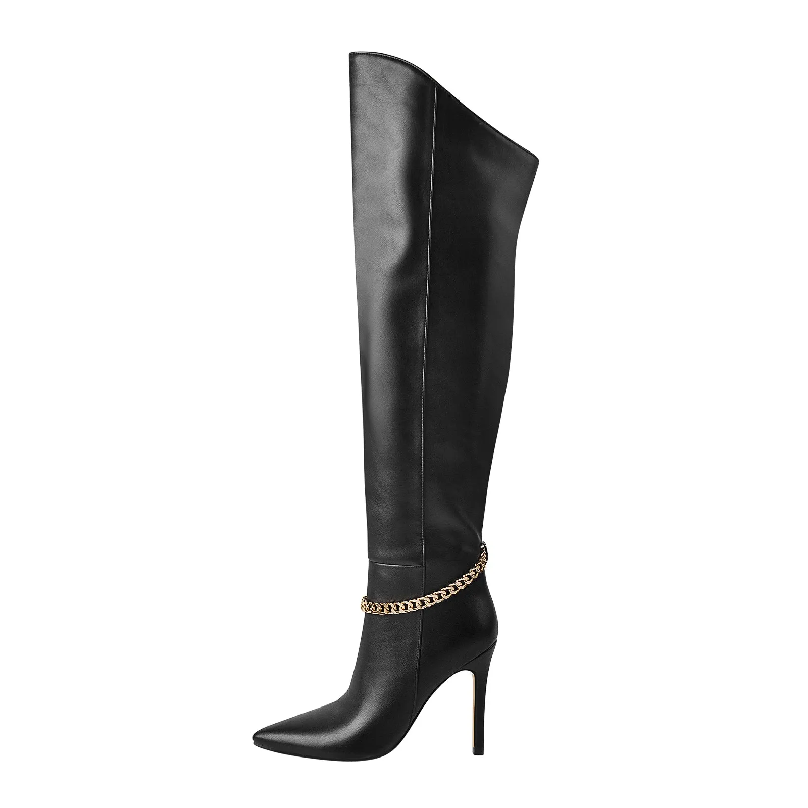 Pointed Toe Black Metal Chain Stiletto Thigh Boots