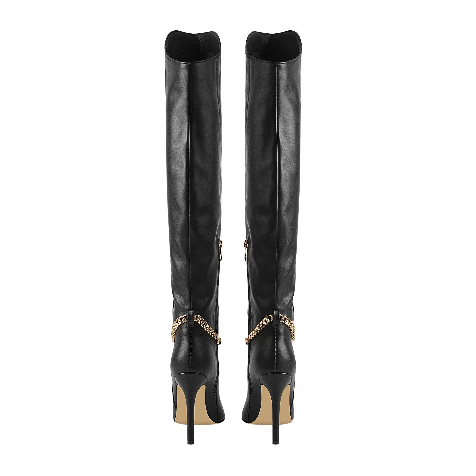 Pointed Toe Black Metal Chain Stiletto Thigh Boots