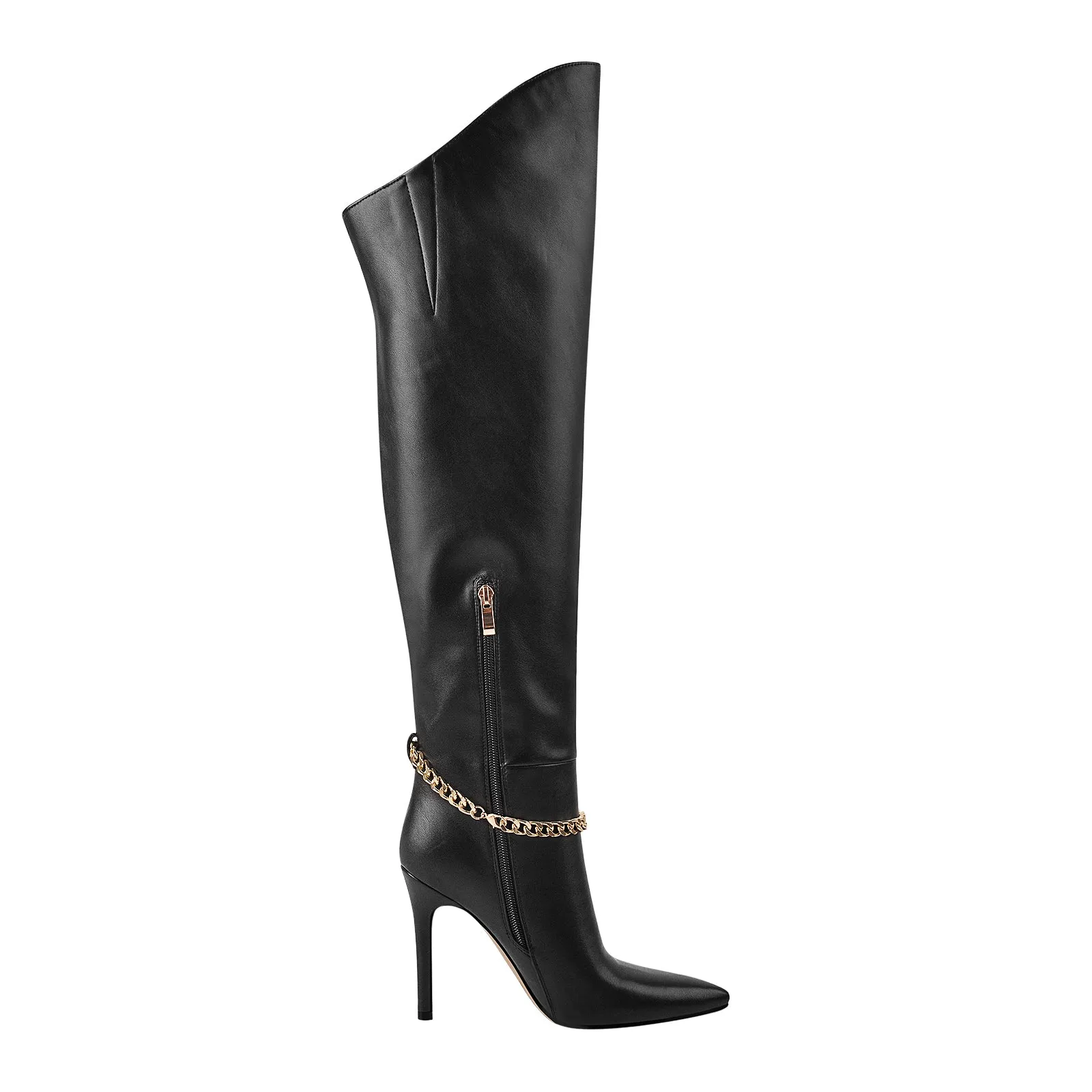 Pointed Toe Black Metal Chain Stiletto Thigh Boots