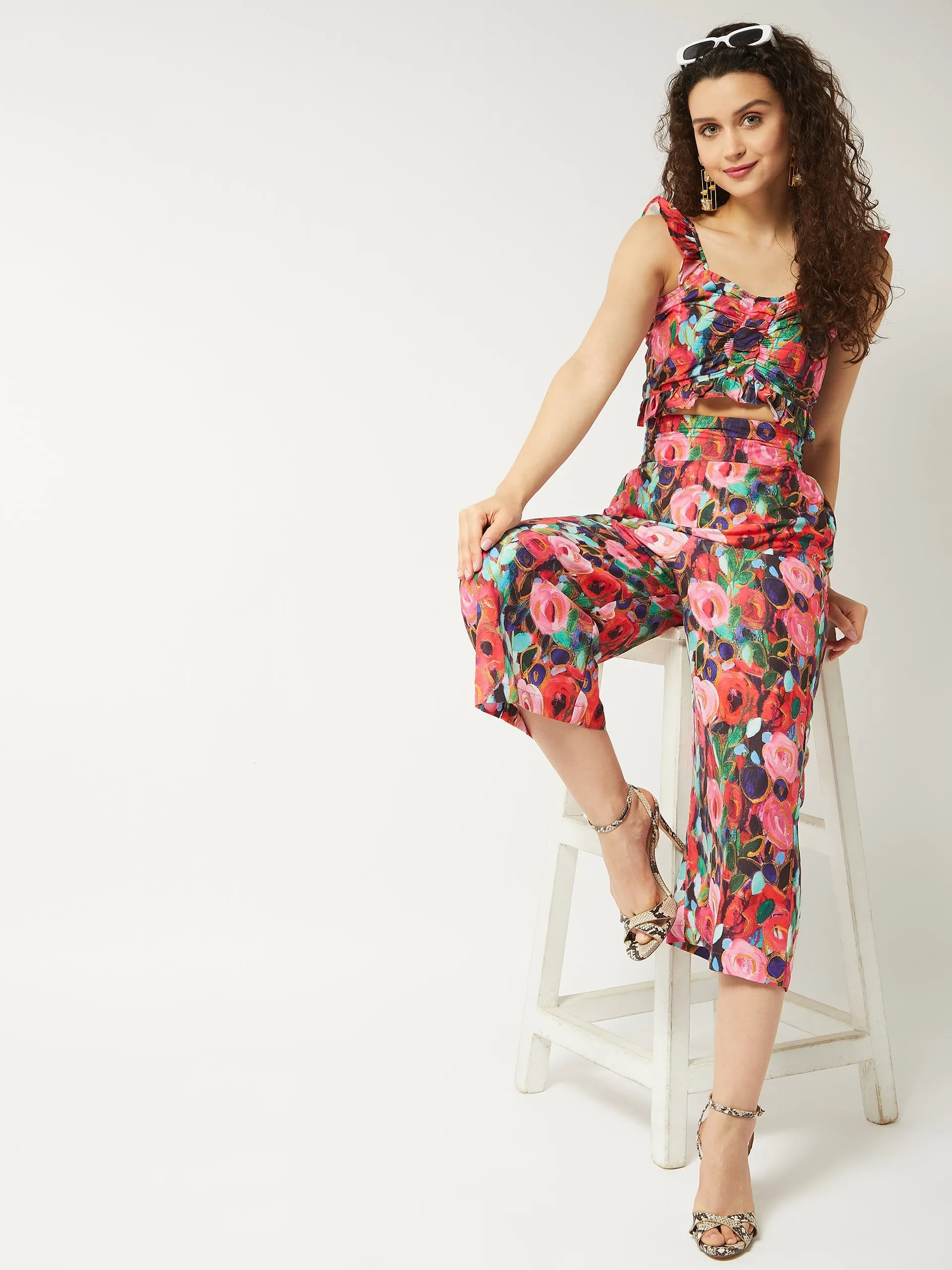 Printed Ruched Top and Pant Set