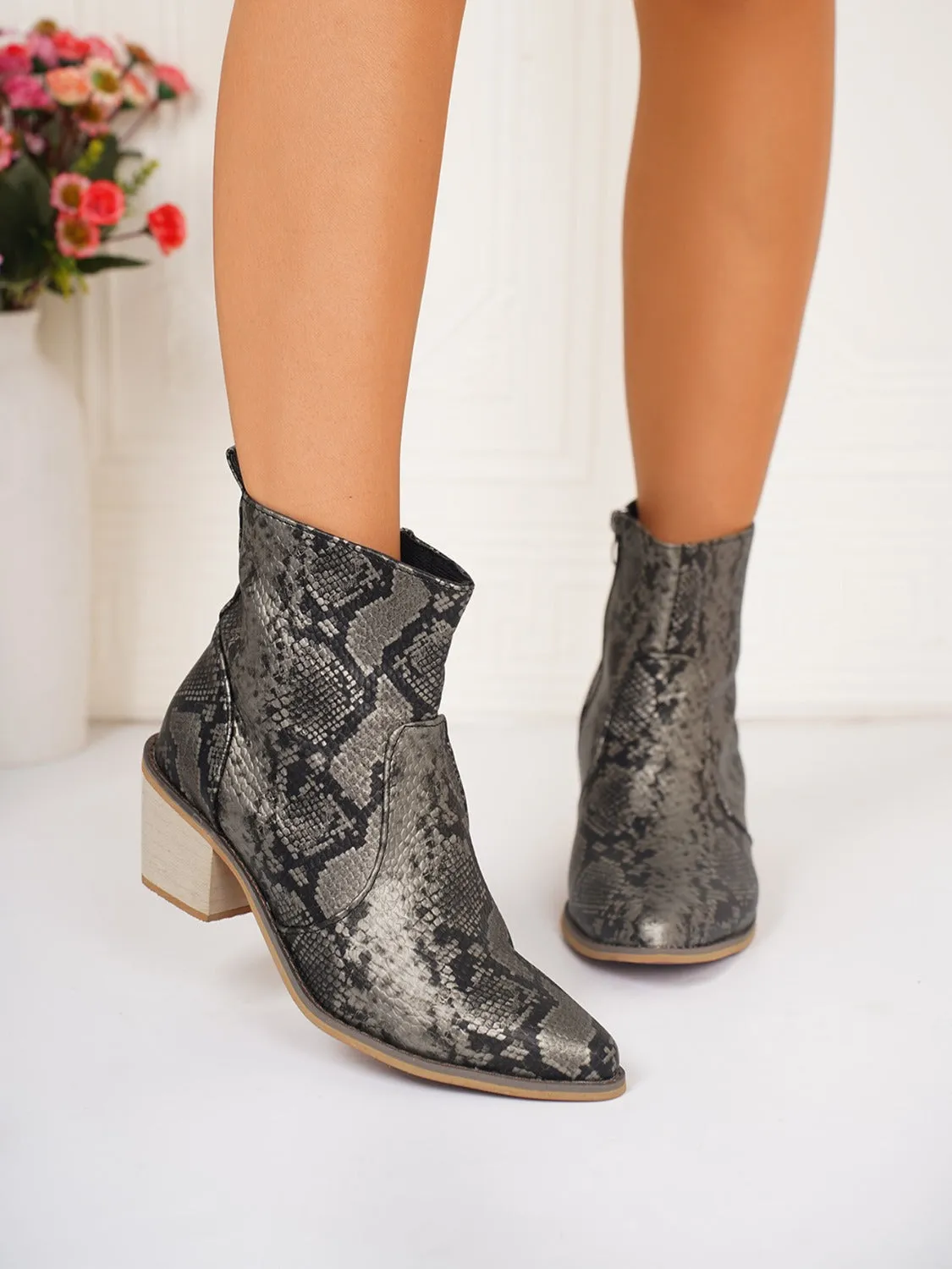 PU Leather Snakeskin Print Block Heel Boots