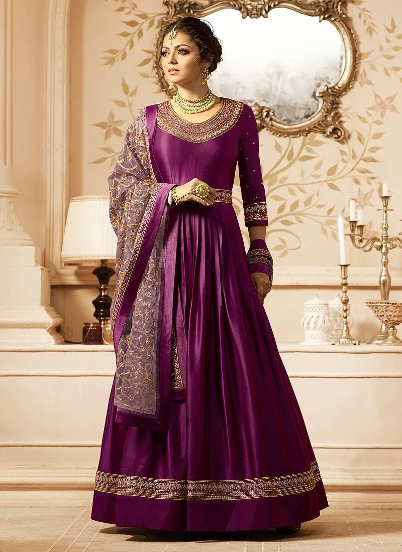 Purple With Gold Ethnic Embroidered Flared Anarkali Suit