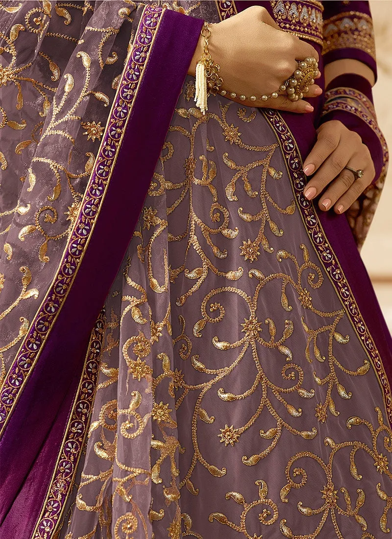 Purple With Gold Ethnic Embroidered Flared Anarkali Suit