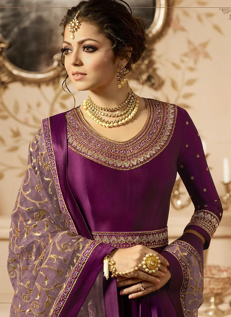 Purple With Gold Ethnic Embroidered Flared Anarkali Suit