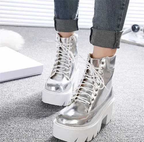 PXELENA Punk Gothic women Ankle Boots Lace up Chunky Block Square High Heel platform Creeper round toe Fashion Ankle Boots shoes