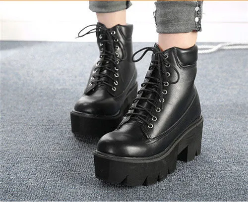 PXELENA Punk Gothic women Ankle Boots Lace up Chunky Block Square High Heel platform Creeper round toe Fashion Ankle Boots shoes