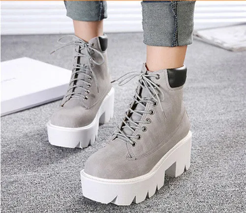 PXELENA Punk Gothic women Ankle Boots Lace up Chunky Block Square High Heel platform Creeper round toe Fashion Ankle Boots shoes