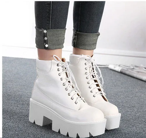 PXELENA Punk Gothic women Ankle Boots Lace up Chunky Block Square High Heel platform Creeper round toe Fashion Ankle Boots shoes