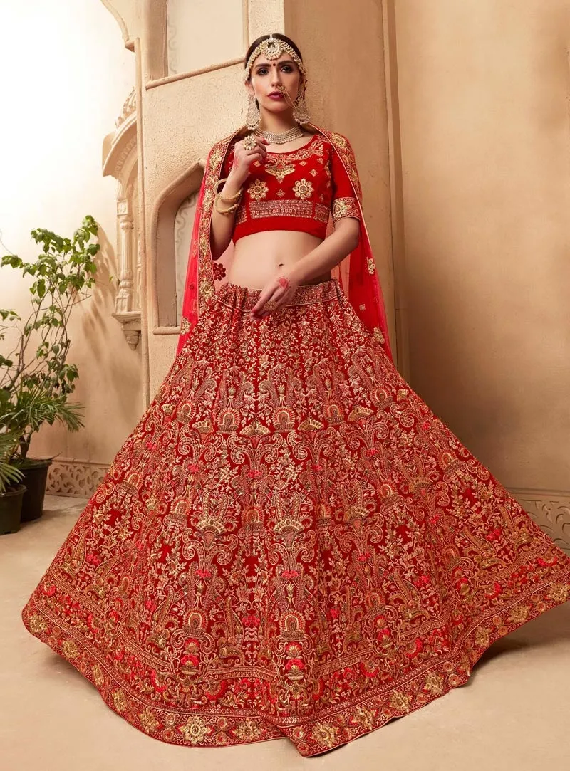 Red And Gold Velvet Embroidered Lehenga Choli