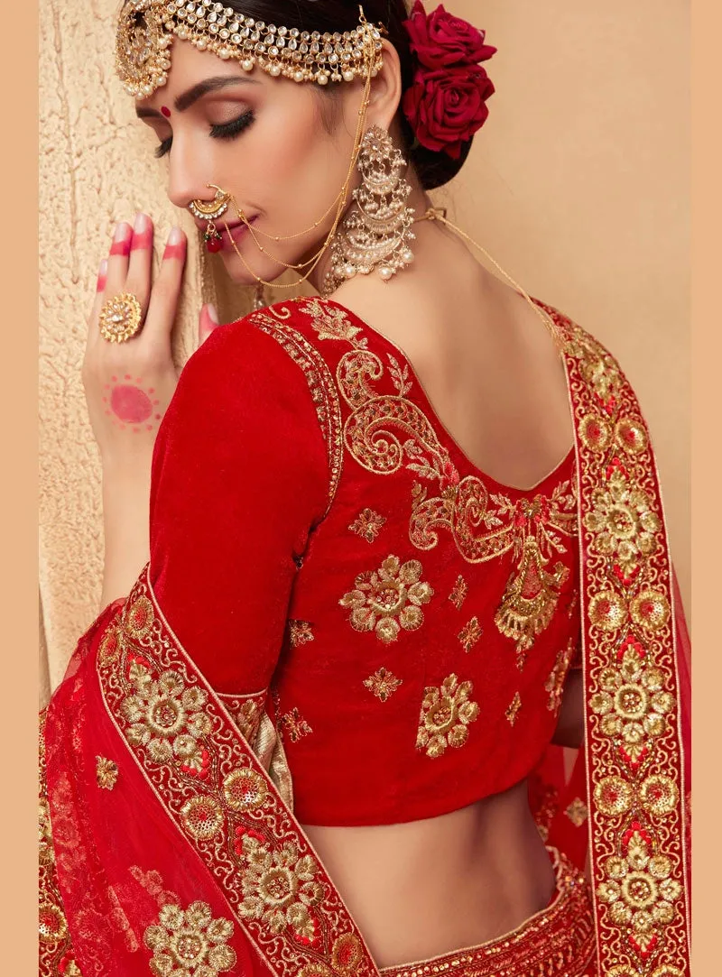 Red And Gold Velvet Embroidered Lehenga Choli