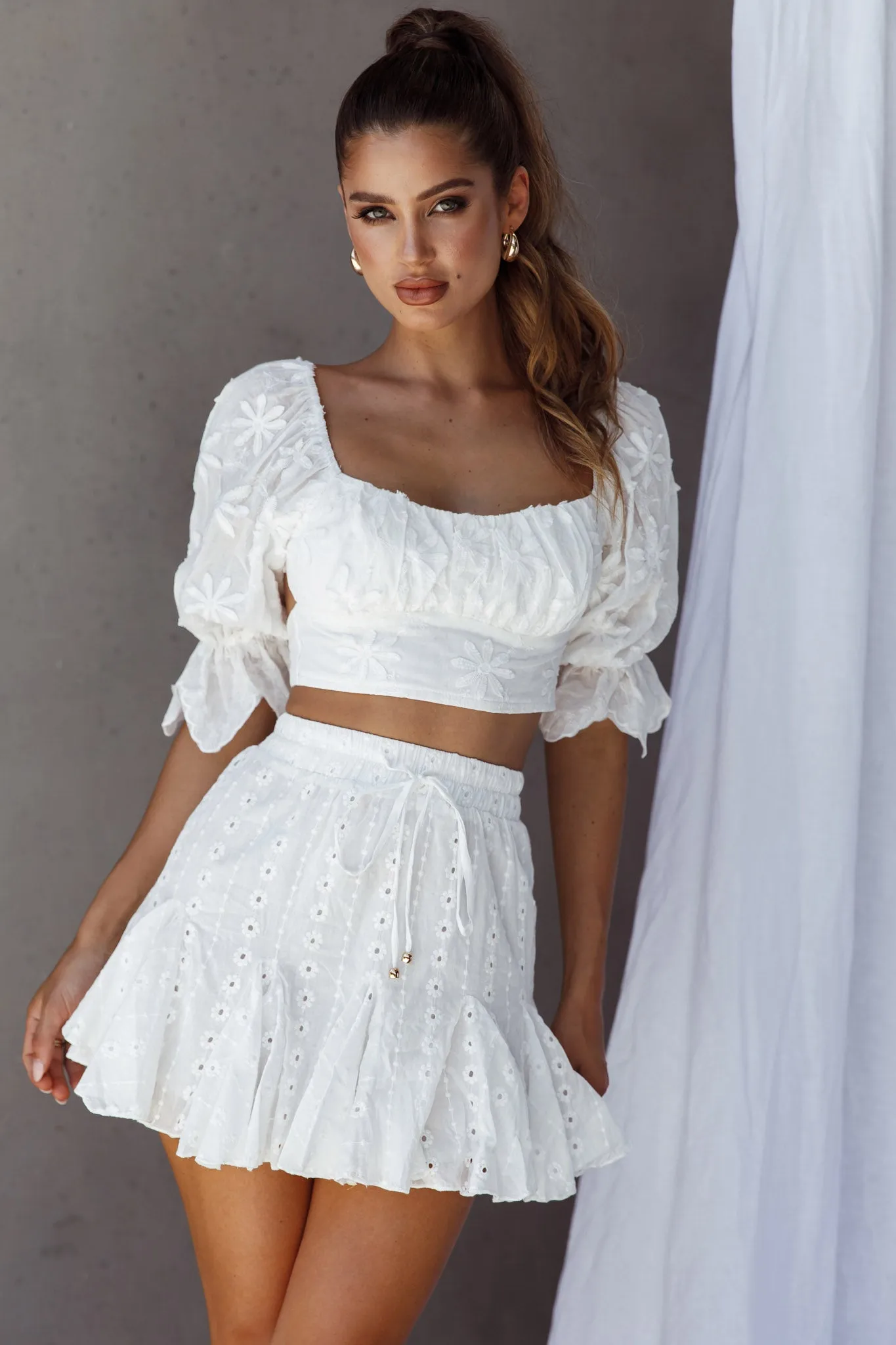 Robyn Flounce Mini Skirt Eyelet White