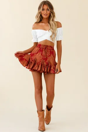 Robyn Flounce Mini Skirt Leaf Pattern Dark Red