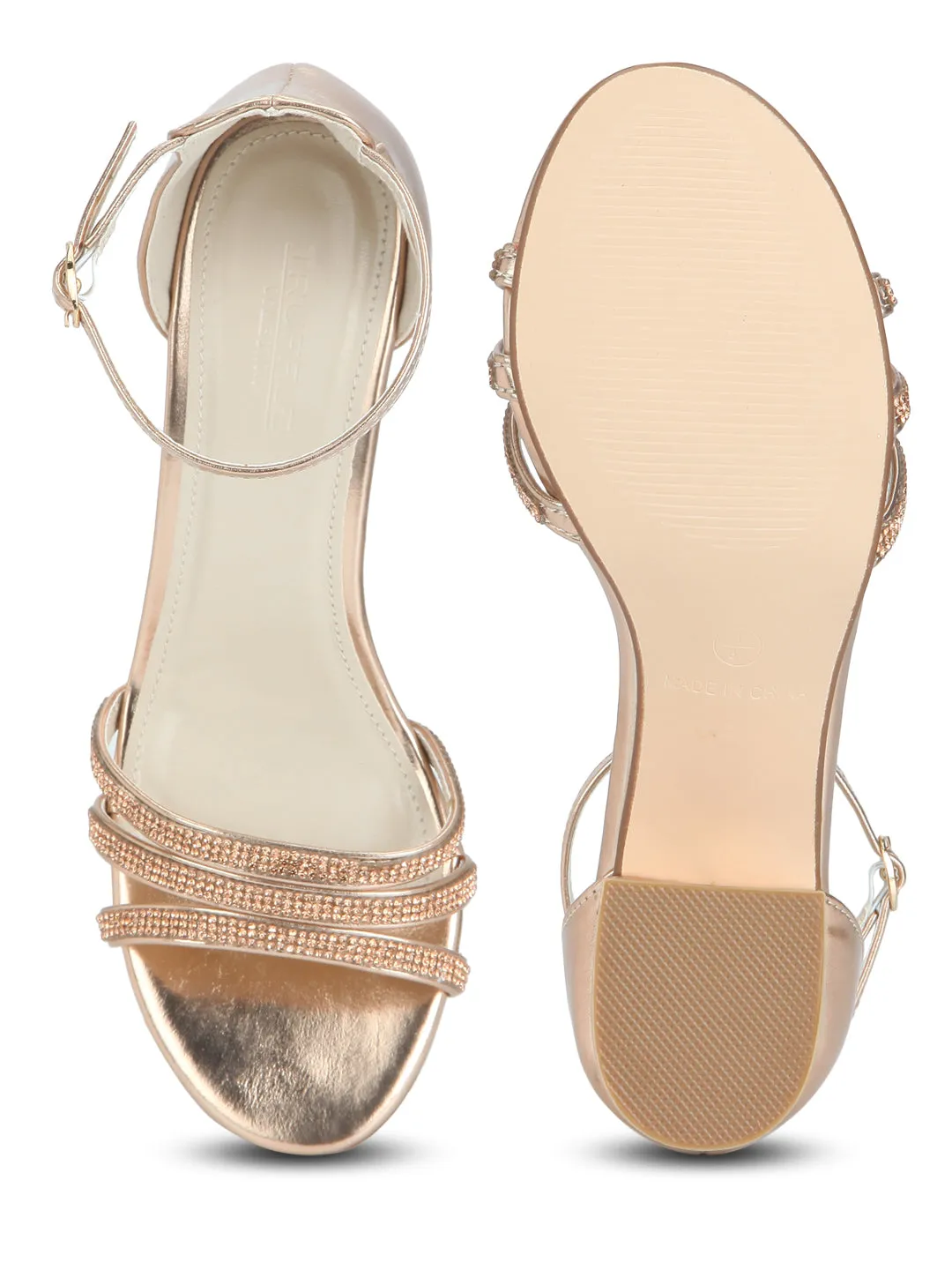 Rose Gold Multiple Strap Diamante Low Block Heels