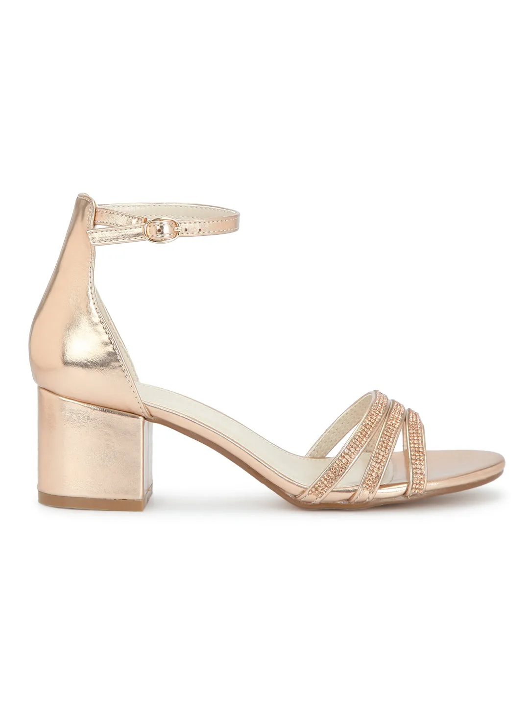 Rose Gold Multiple Strap Diamante Low Block Heels