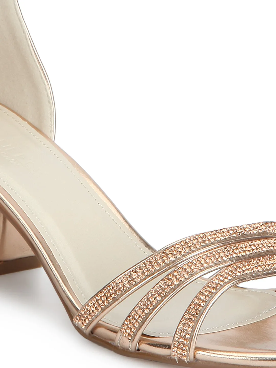 Rose Gold Multiple Strap Diamante Low Block Heels