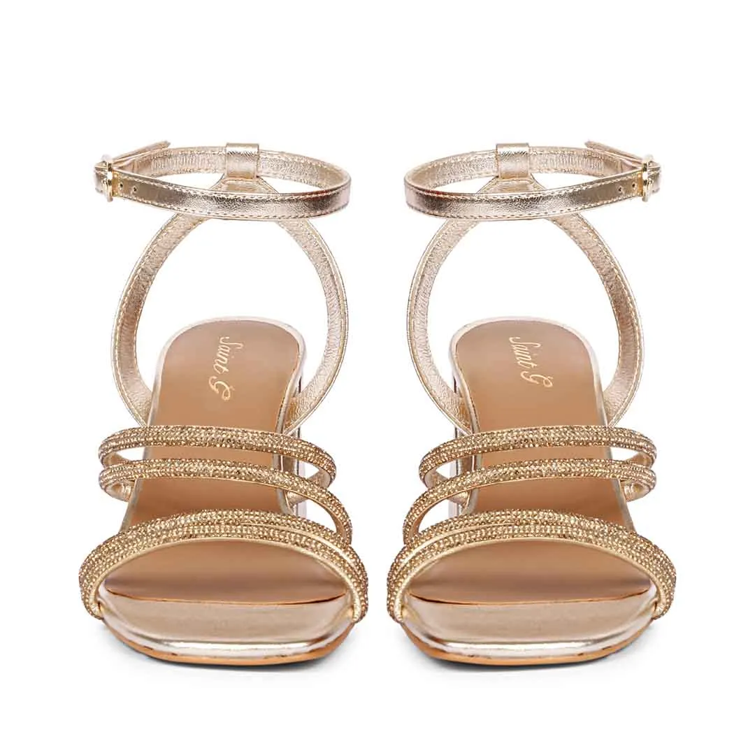 Saint Aldina Crystal Cord String Platin Leather Block Heels