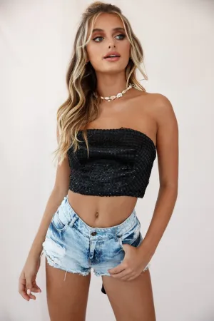 Saint Tie-Knot Back Satin Sequin Crop Top Black