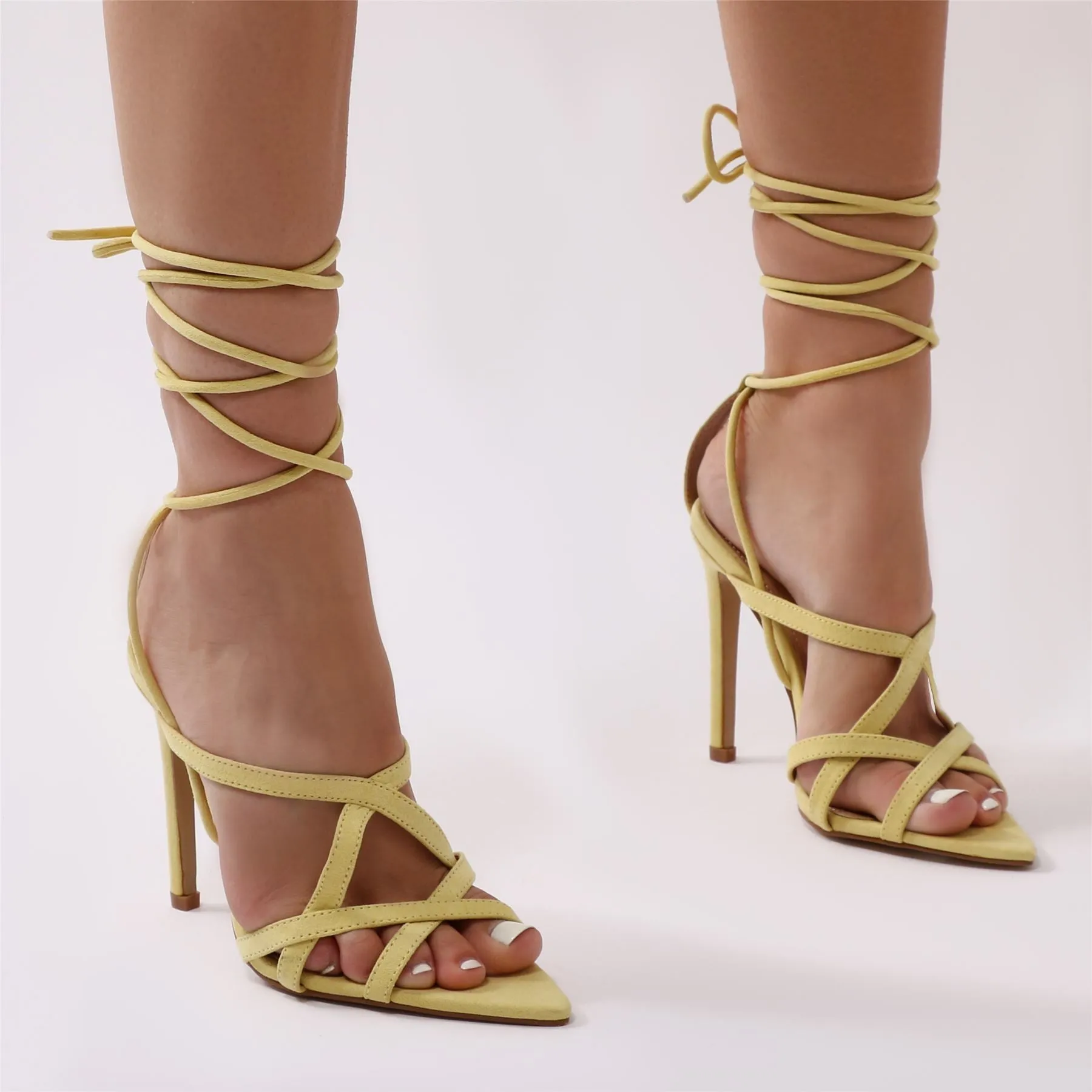 Sessy Pointed Lace Up Heels in Yellow Faux Suede