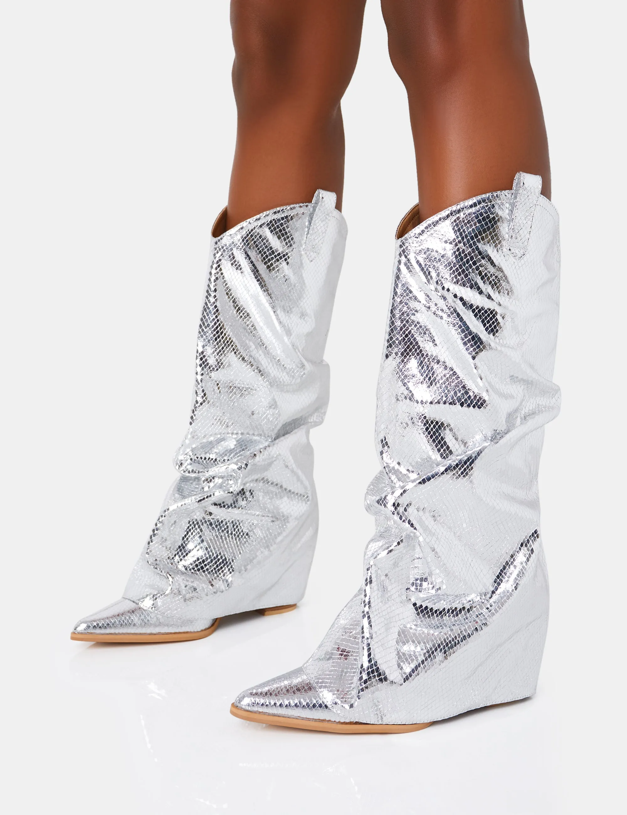 Sheriff Silver Metallic Western Fold Over Block Cowboy Knee High Boots