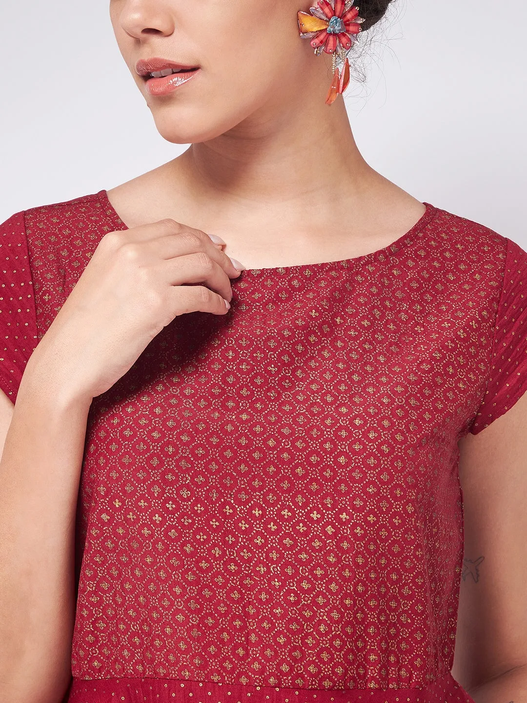 Shringaar Maroon Block Printed Festive Peplum Top With Flared Palazzo