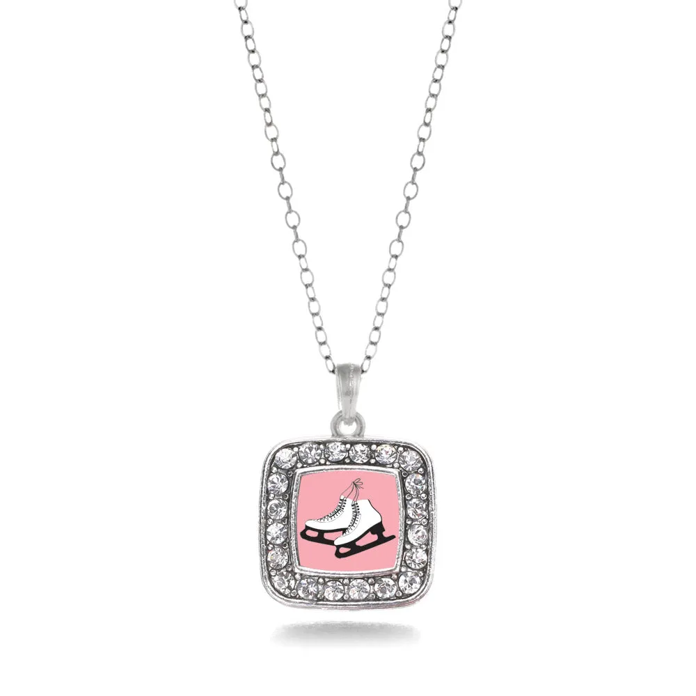 Silver Figure Skates Square Charm Classic Necklace