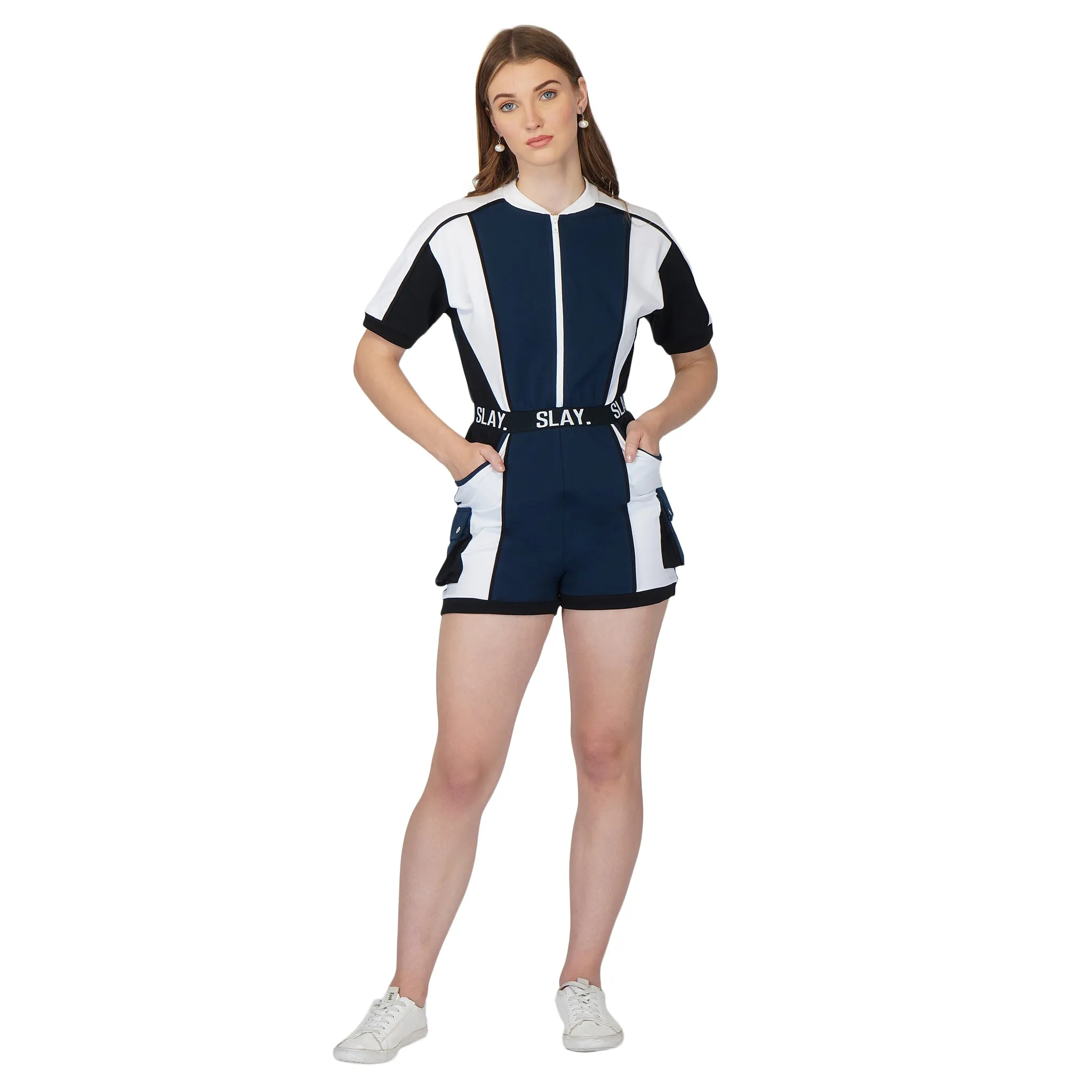 SLAY. Women's Colorblock Romper Blue Black White