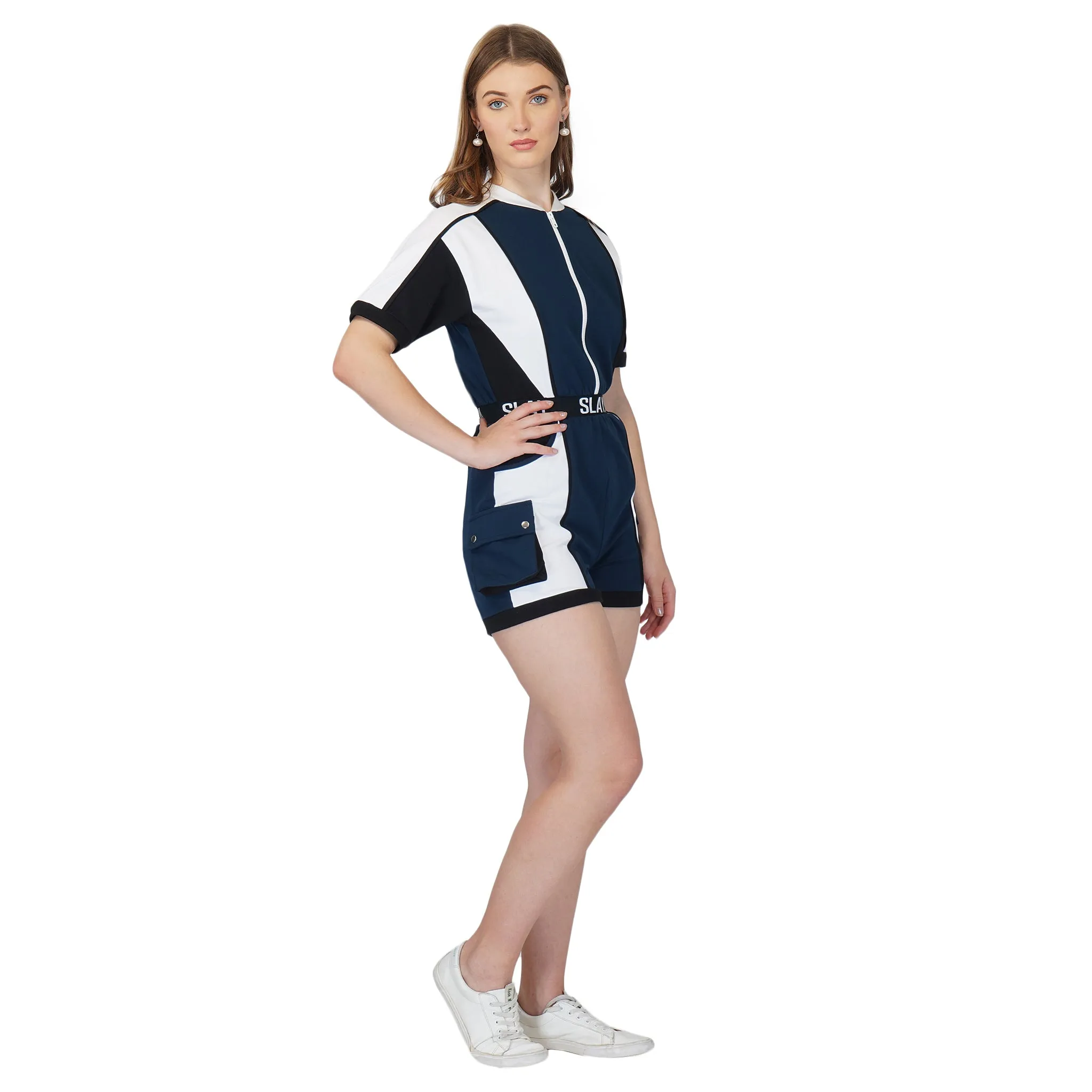 SLAY. Women's Colorblock Romper Blue Black White