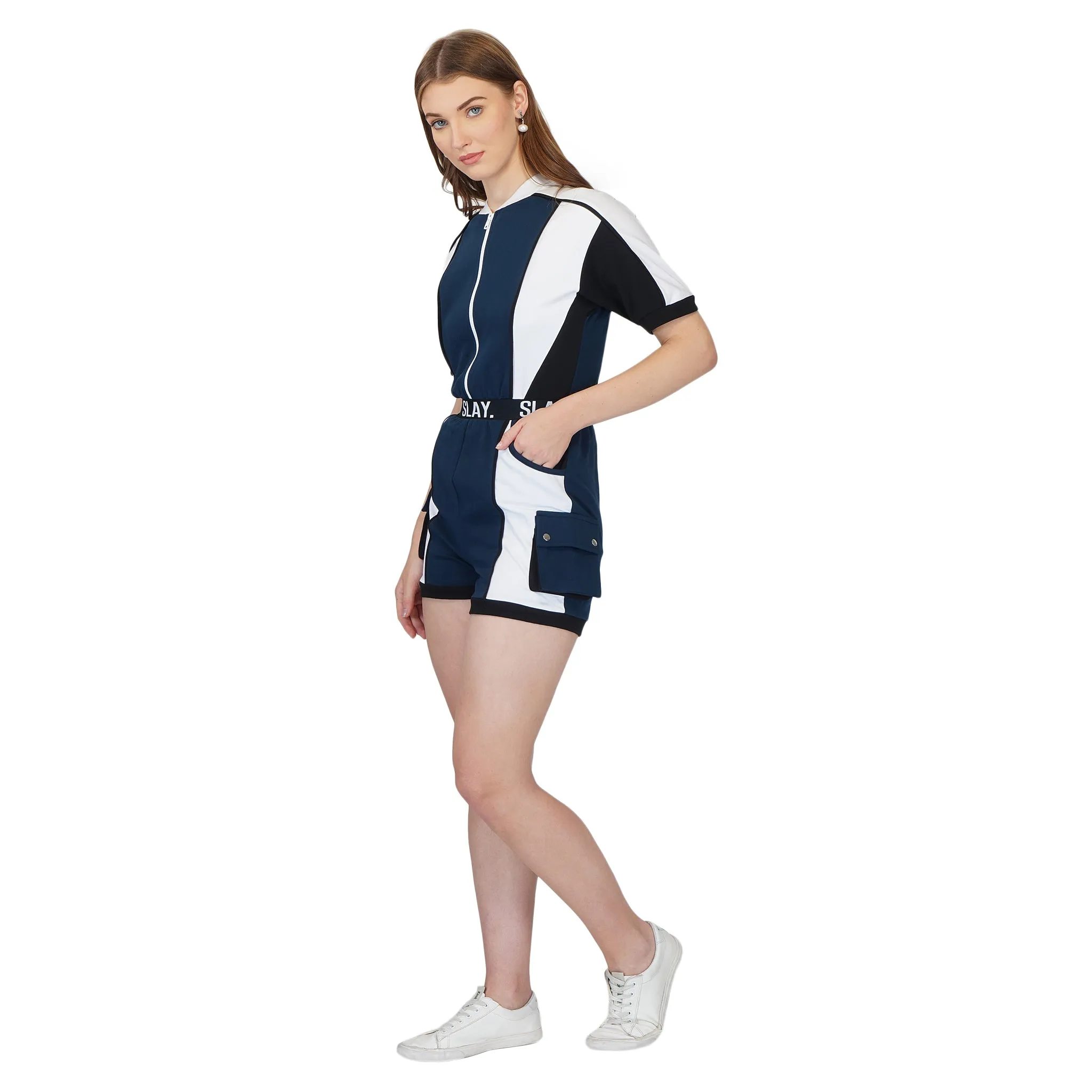 SLAY. Women's Colorblock Romper Blue Black White