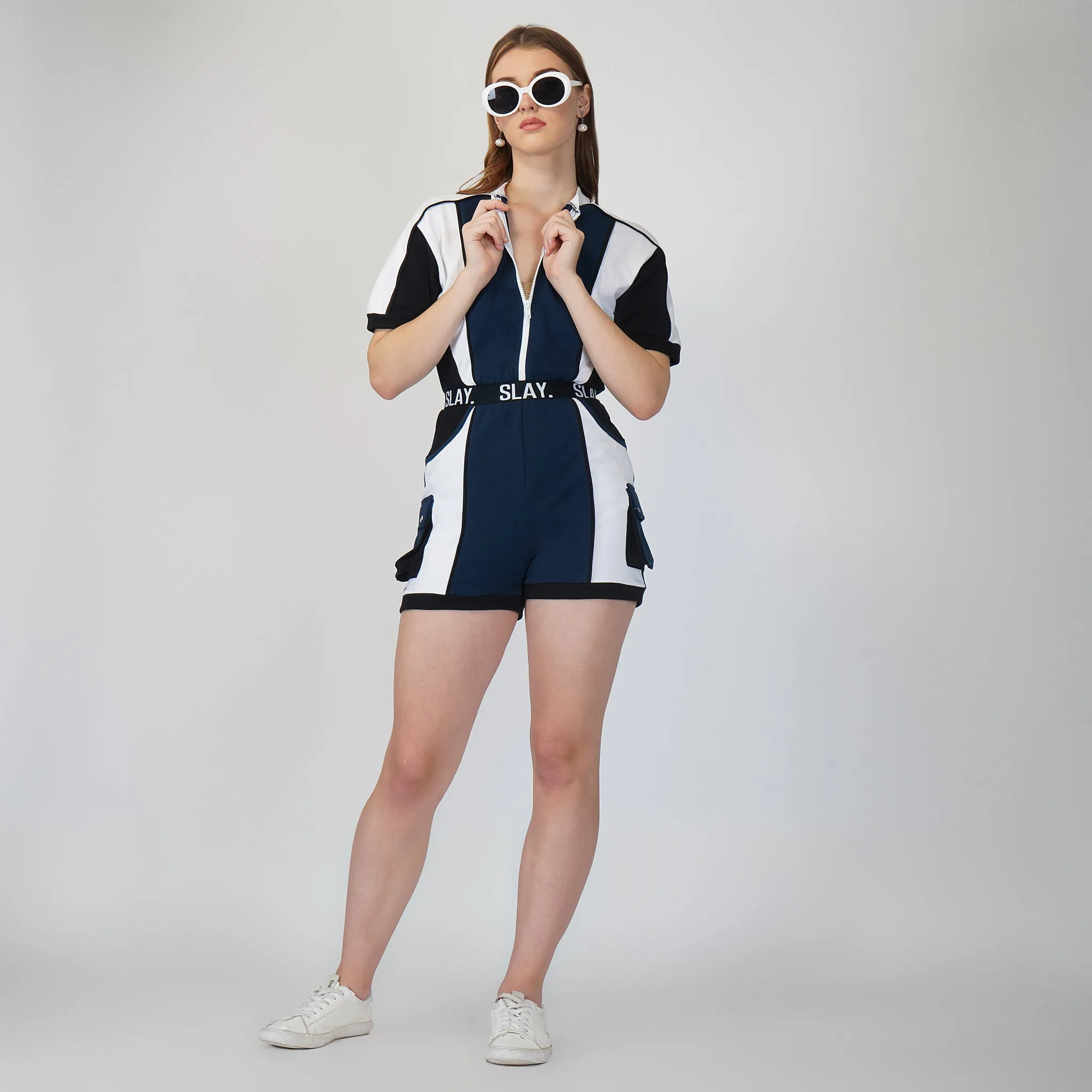 SLAY. Women's Colorblock Romper Blue Black White