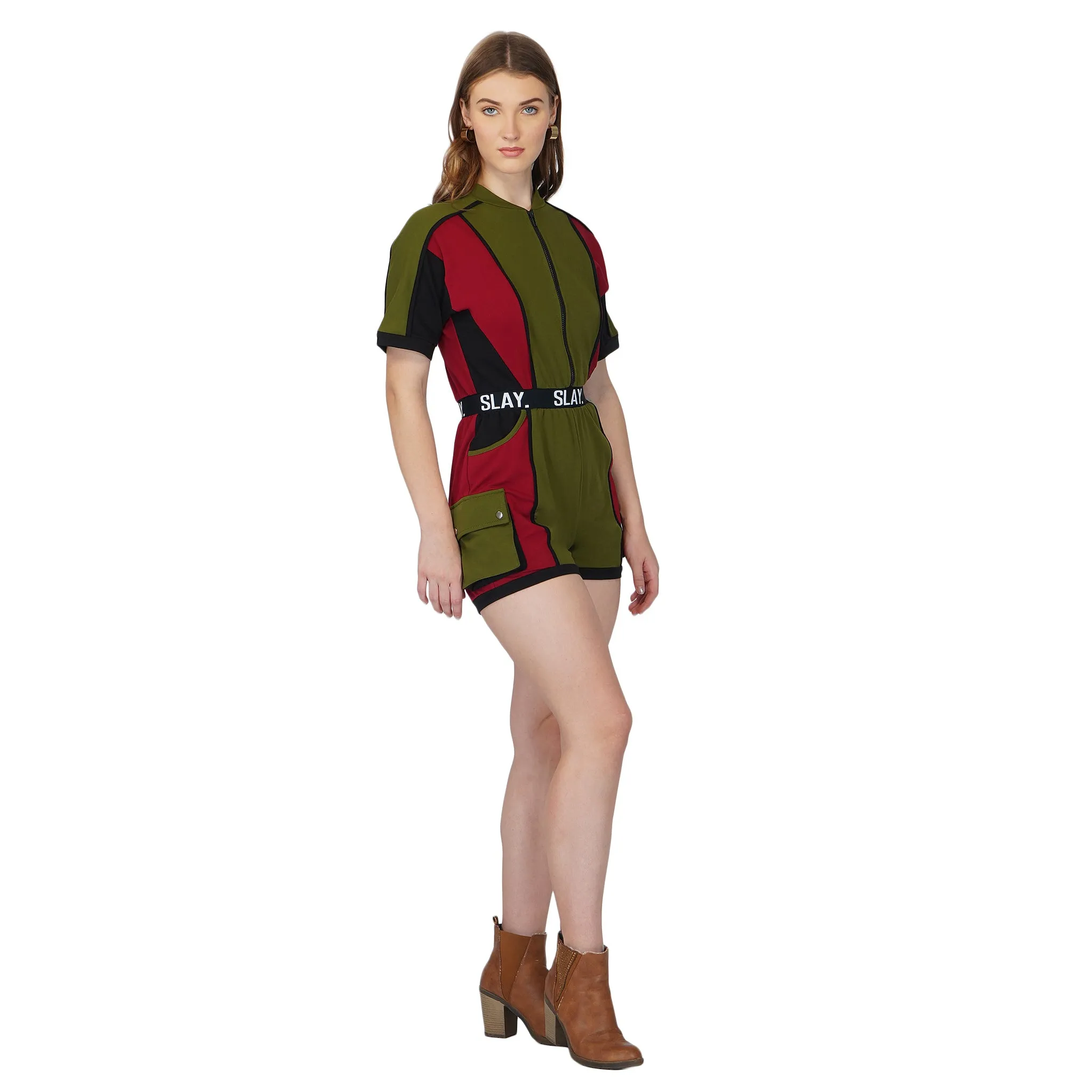 SLAY. Women's Colorblock Romper Olive Green Red Black