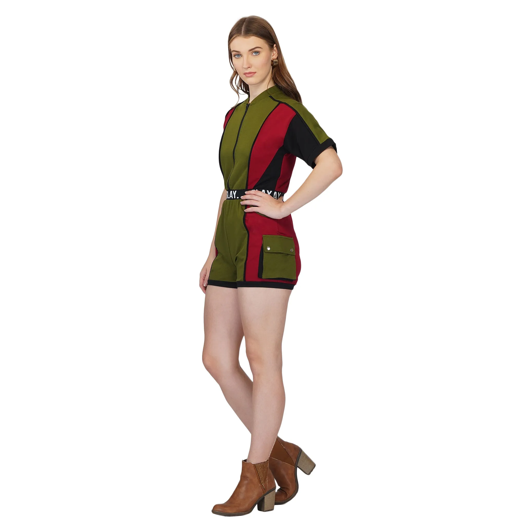 SLAY. Women's Colorblock Romper Olive Green Red Black