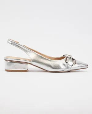 SLINGBACK BLOCK HEEL SANDAL IN SILVER