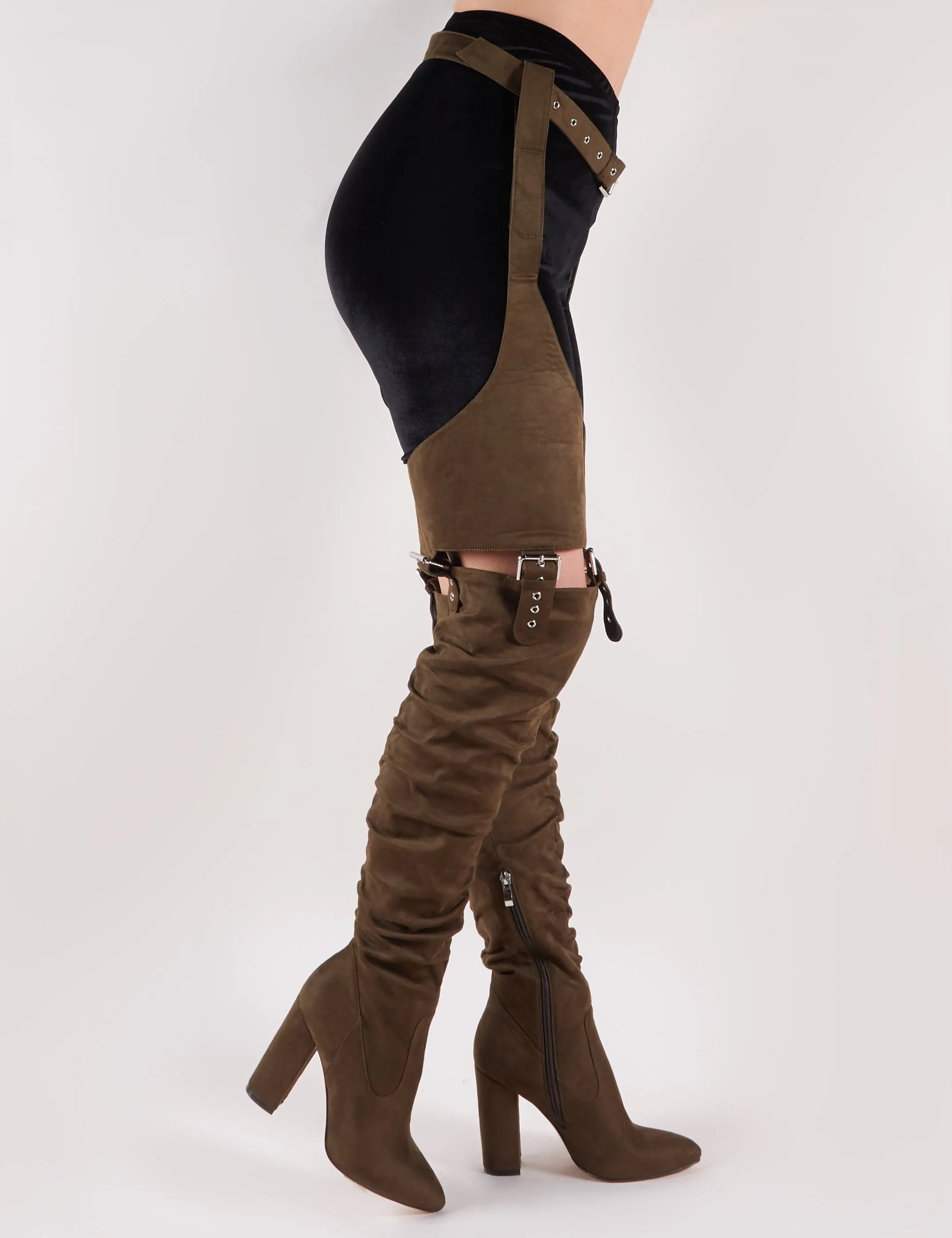 Sterling Belted Over the Knee Boots in Khaki Faux Suede