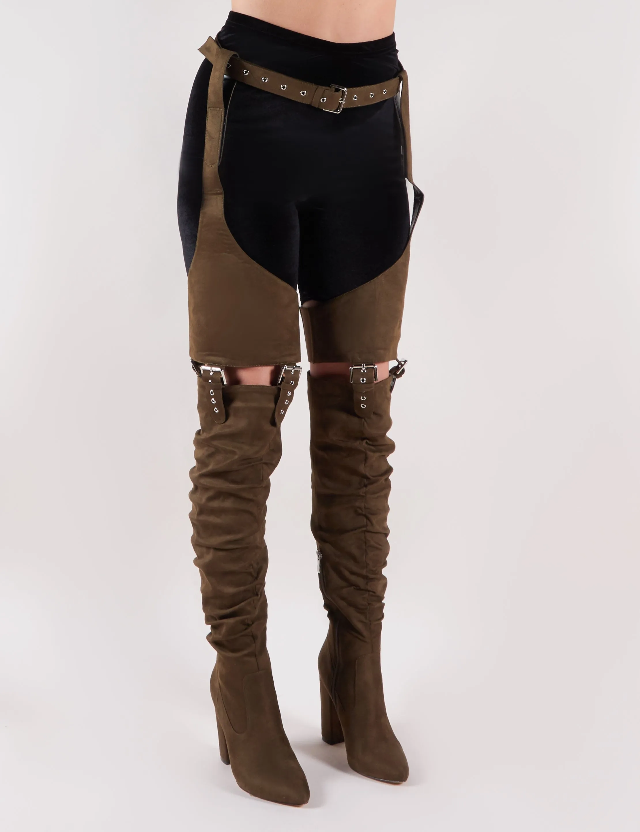 Sterling Belted Over the Knee Boots in Khaki Faux Suede